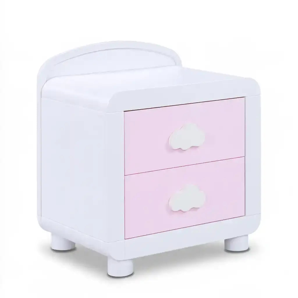 Mesita de noche con dos cajones y tiradores decorativos - blanco/rosa