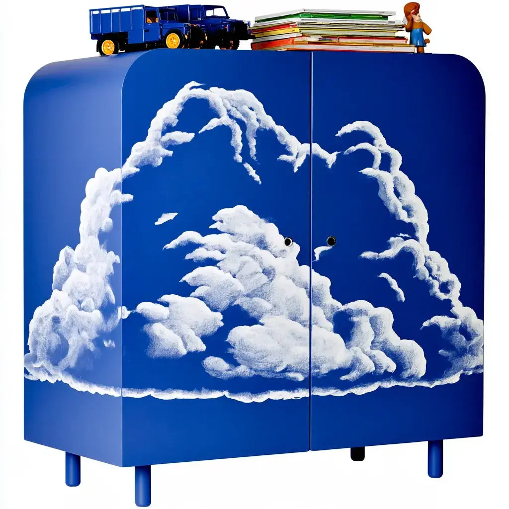 Aparador con puertas estampadas de nubes - azul/blanco